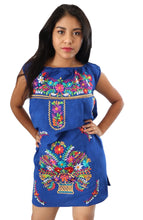Load image into Gallery viewer, Handmade Women&#39;s Blue Embroidered Mexican Dress - Size Medium - Mexican Fiesta Dress - Vestido Bordado Mexicano - Artesanias Mexicanas
