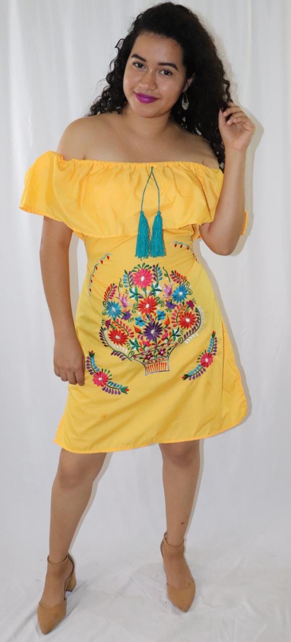 Women's Handmade Off the Shoulder Embroidered Mexican Dress - Vestido Mexicano