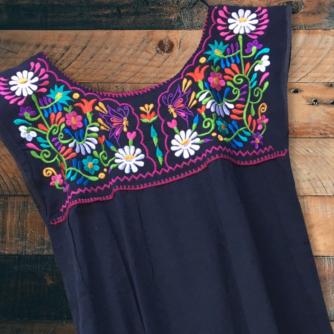 mexican embroidered formal dress Handmade Mexican Embroidered Dress: Manta Cotton Boho Floral Gown