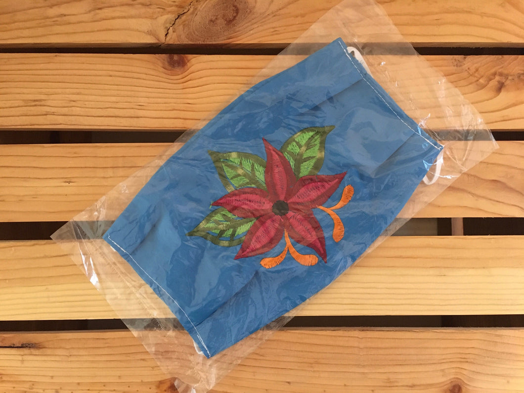 Handmade Floral Embroidered Mexican Face Mask - Blue Flower Fabric Face Mask - Cubrebocas Mexicanas - Topabocas - Hecho a Mano en Mexico