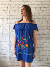 Load image into Gallery viewer, Handmade Women&#39;s Off the Shoulder Blue Embroidered Mexican Dress - Size Medium - Oaxaca, Mexico - Artesanias Mexicanas - Bordados Mexicanos
